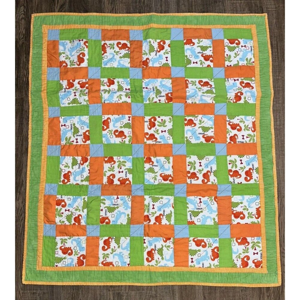 Dinosaur Quilt Crib or Lap 38 x 43" Child Baby Bedroom Display Orang Green Cute